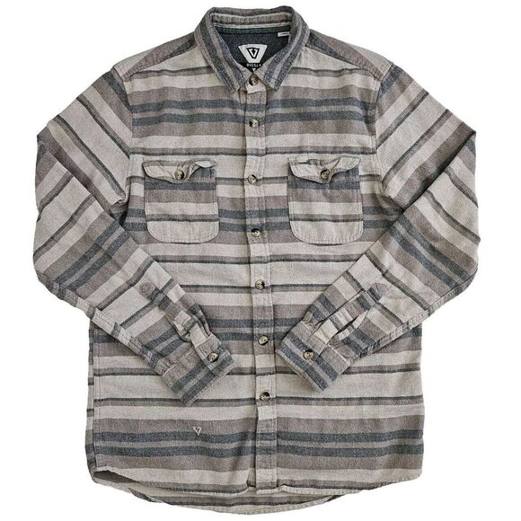 Vissla (Mens Large) Striped Tan Flannel Long Sleeve Button‎ Up Shirt Two Pockets - Picture 1 of 7